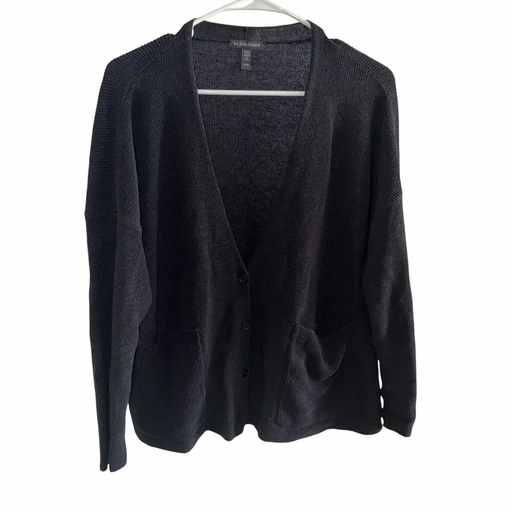 Eileen Fisher Organic Linen Cotton Blend Black Cardigan XL Oversized Open V-Neck - Picture 2 of 9
